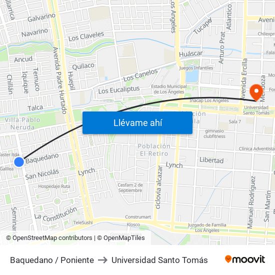 Baquedano /  Poniente to Universidad Santo Tomás map
