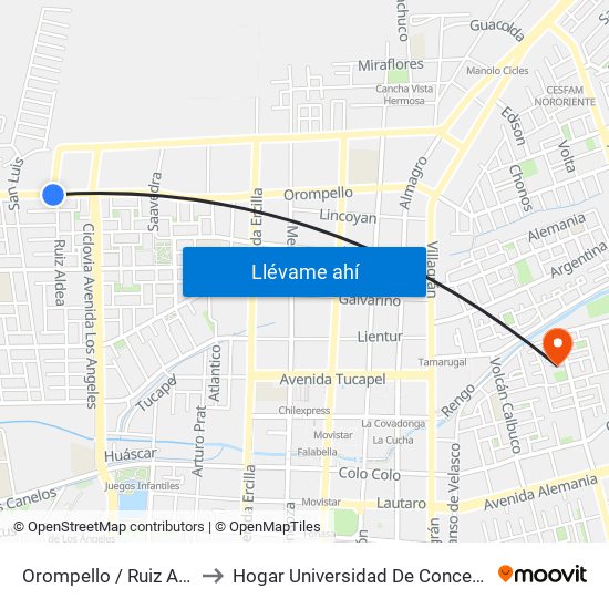 Orompello /  Ruiz Aldea to Hogar Universidad De Concepción map
