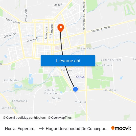 Nueva Esperanza to Hogar Universidad De Concepción map