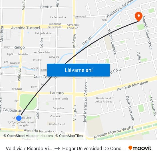 Valdivia /  Ricardo Vicuna to Hogar Universidad De Concepción map