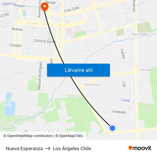 Nueva Esperanza to Los Ángeles Chile map