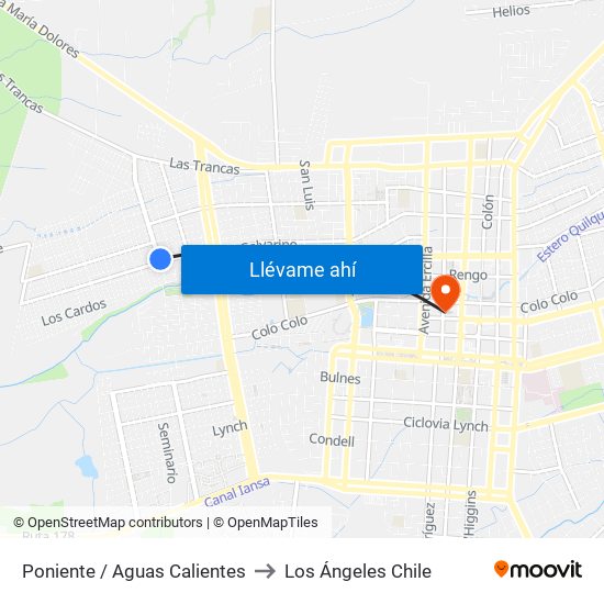Poniente /  Aguas Calientes to Los Ángeles Chile map