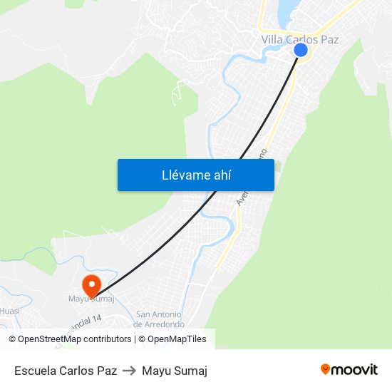 Escuela Carlos Paz to Mayu Sumaj map
