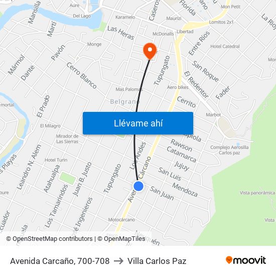 Avenida Carcaño, 700-708 to Villa Carlos Paz map