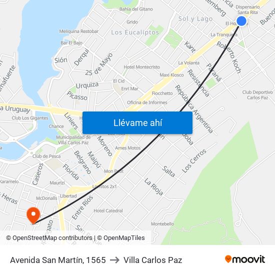 Avenida San Martín, 1565 to Villa Carlos Paz map