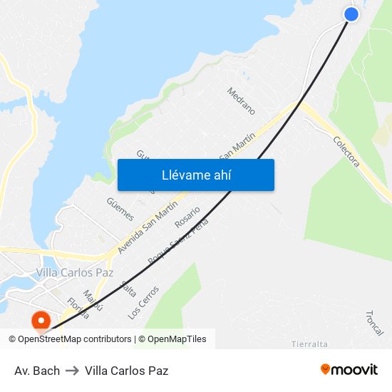 Av. Bach to Villa Carlos Paz map