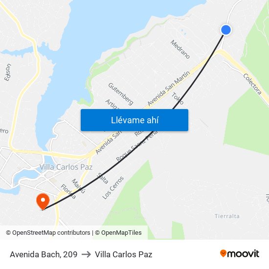 Avenida Bach, 209 to Villa Carlos Paz map