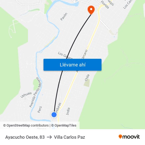 Ayacucho Oeste, 83 to Villa Carlos Paz map