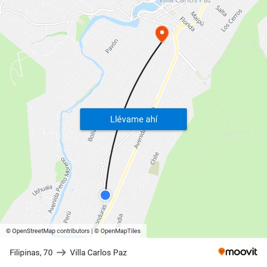 Filipinas, 70 to Villa Carlos Paz map