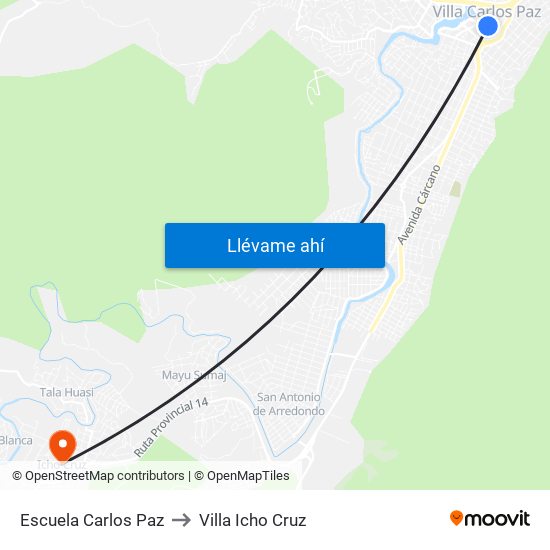 Escuela Carlos Paz to Villa Icho Cruz map