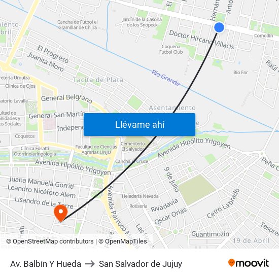 Av. Balbín Y Hueda to San Salvador de Jujuy map