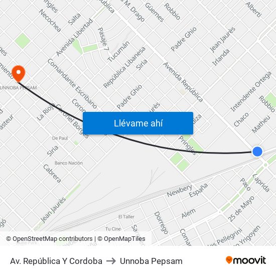 Av. República Y Cordoba to Unnoba Pepsam map