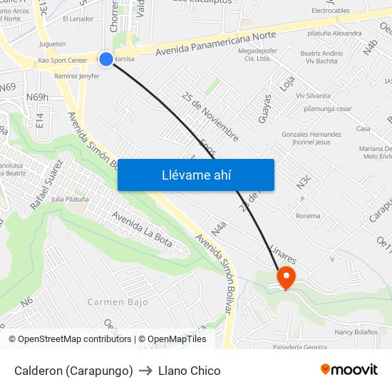 Calderon (Carapungo) to Llano Chico map