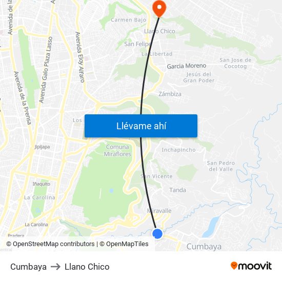 Cumbaya to Llano Chico map