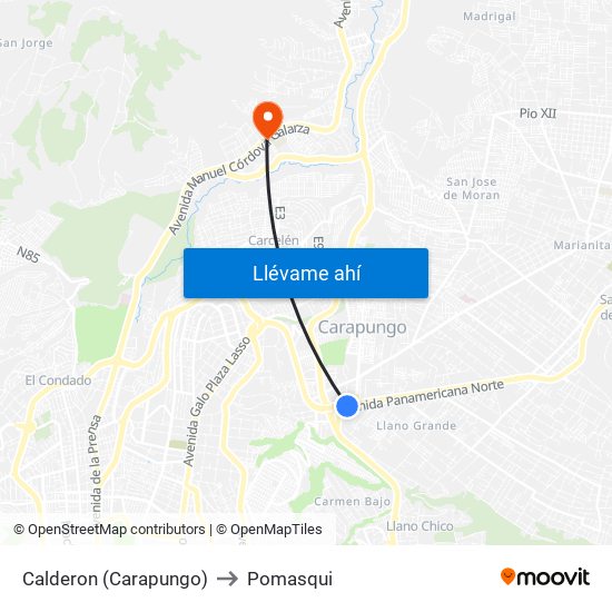 Calderon (Carapungo) to Pomasqui map