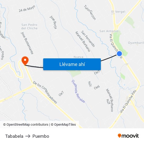 Tababela to Puembo map