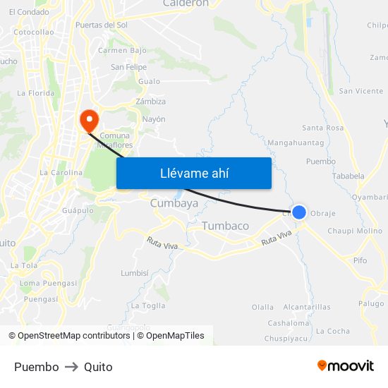 Puembo to Quito map