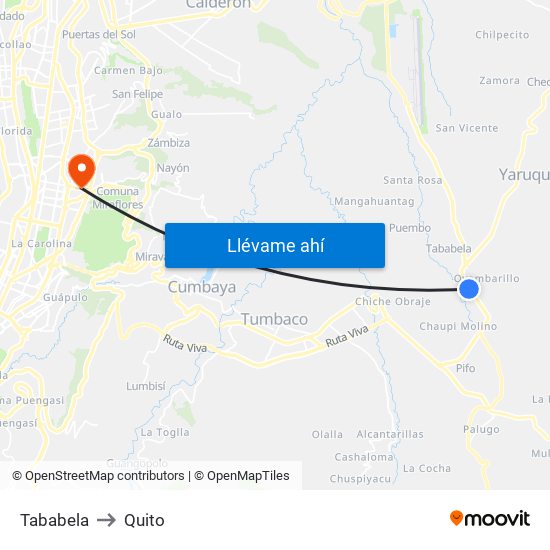Tababela to Quito map