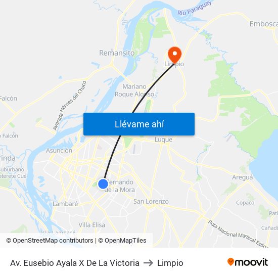 Av. Eusebio Ayala X De La Victoria to Limpio map