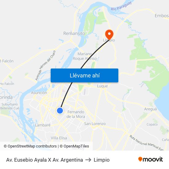 Av. Eusebio Ayala X Av. Argentina to Limpio map