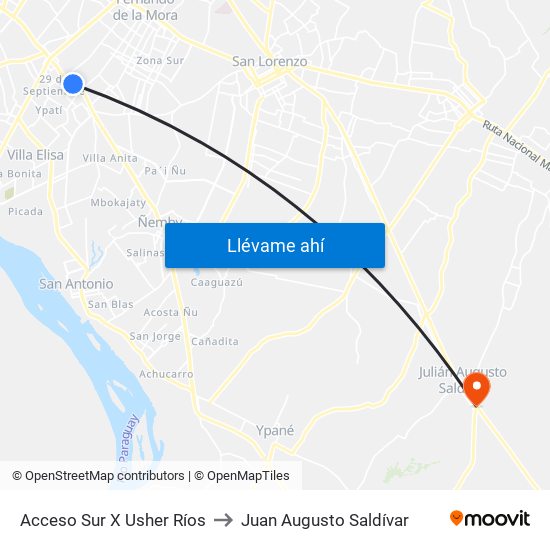 Acceso Sur X Usher Ríos to Juan Augusto Saldívar map