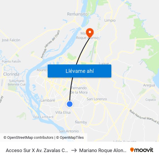 Acceso Sur X Av. Zavalas Cué to Mariano Roque Alonso map