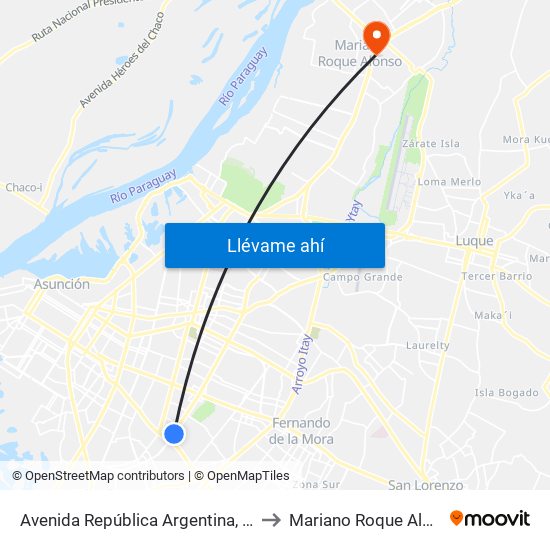 Avenida República Argentina, 3016 to Mariano Roque Alonso map