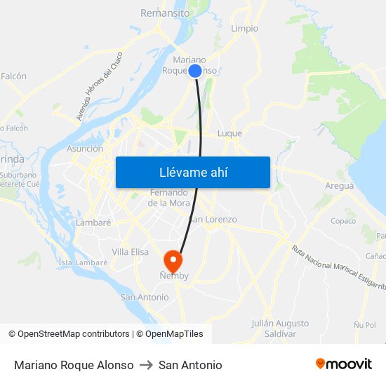 Mariano Roque Alonso to San Antonio map