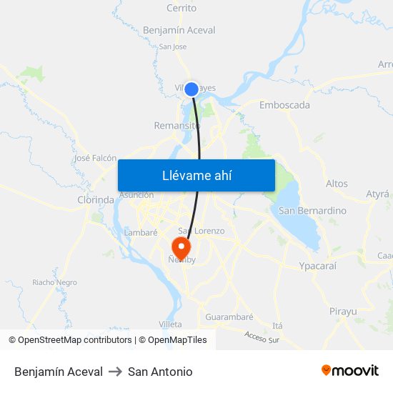 Benjamín Aceval to San Antonio map