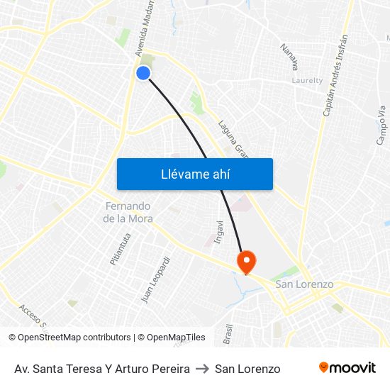 Av. Santa Teresa Y Arturo Pereira to San Lorenzo map