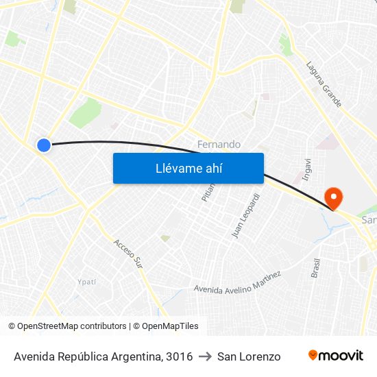 Avenida República Argentina, 3016 to San Lorenzo map