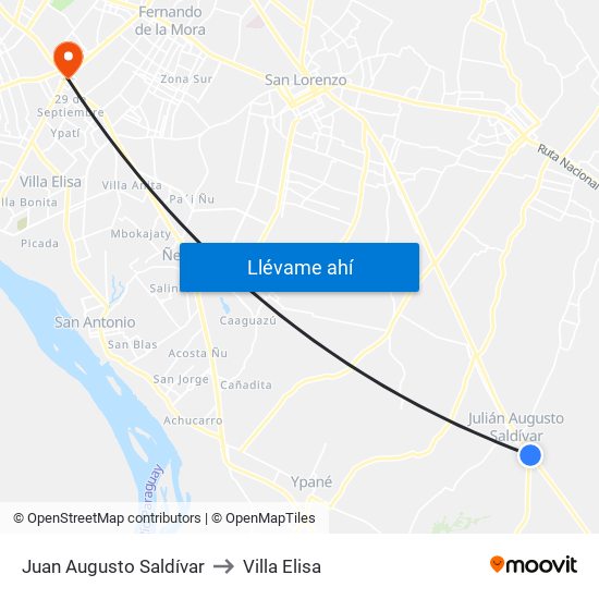 Juan Augusto Saldívar to Villa Elisa map