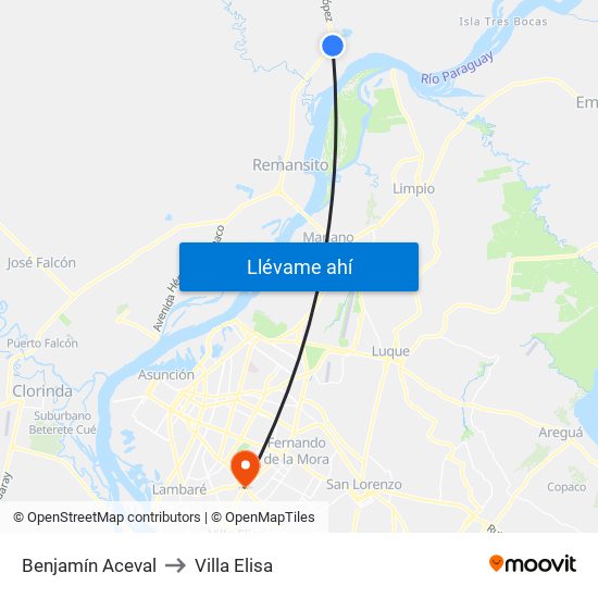 Benjamín Aceval to Villa Elisa map