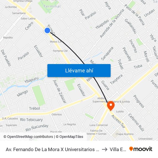 Av. Fernando De La Mora X Universitarios Del Chaco to Villa Elisa map
