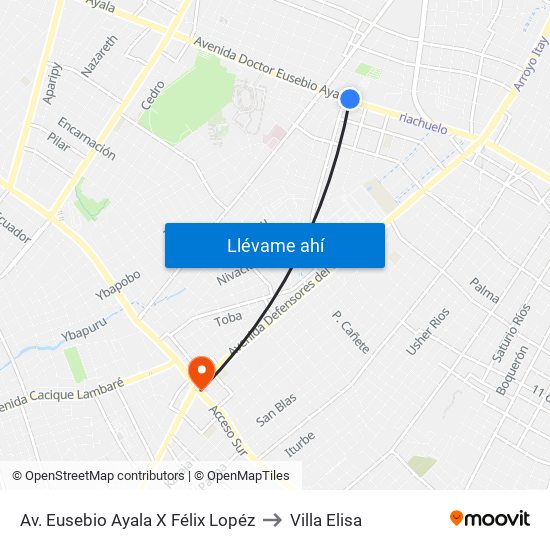 Av. Eusebio Ayala X Félix Lopéz to Villa Elisa map