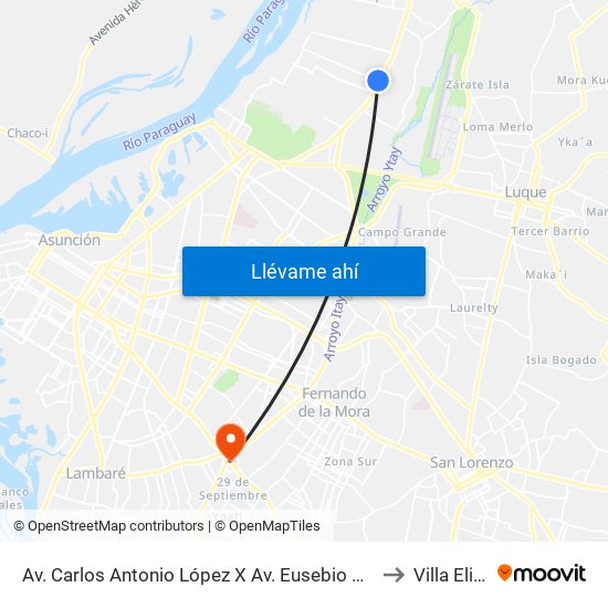 Av. Carlos Antonio López X Av. Eusebio Ayala to Villa Elisa map
