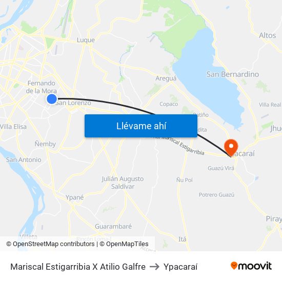 Mariscal Estigarribia X Atilio Galfre to Ypacaraí map