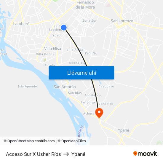 Acceso Sur X Usher Ríos to Ypané map