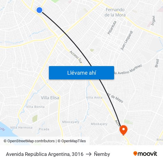 Avenida República Argentina, 3016 to Ñemby map