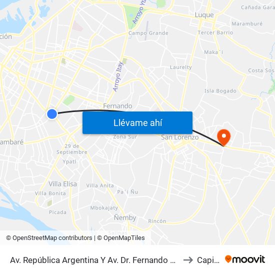 Av. República Argentina Y Av. Dr. Fernando De La Mora to Capiatá map