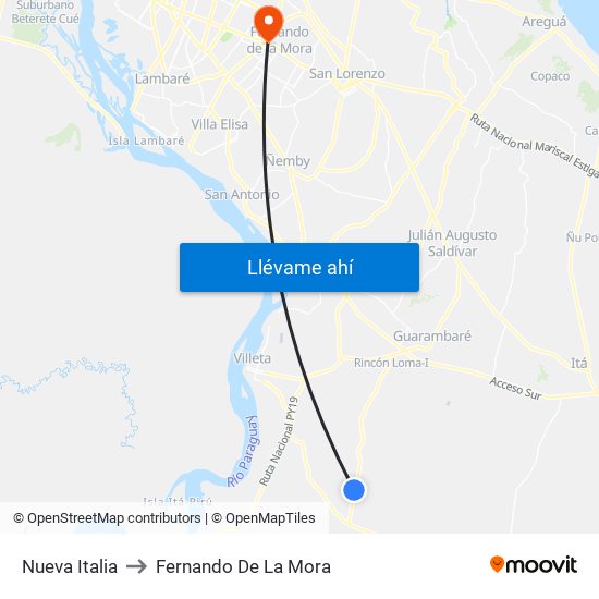 Nueva Italia to Fernando De La Mora map