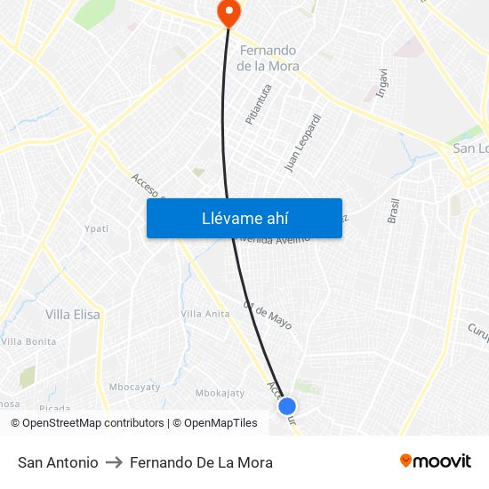 San Antonio to Fernando De La Mora map
