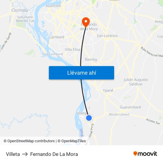 Villeta to Fernando De La Mora map