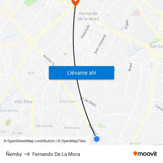 Ñemby to Fernando De La Mora map