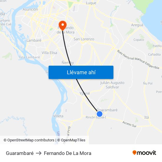 Guarambaré to Fernando De La Mora map
