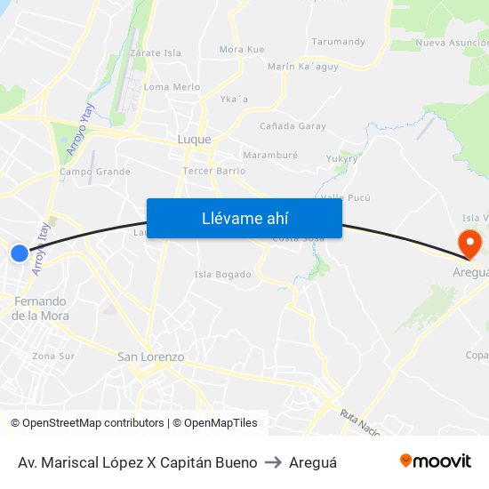 Av. Mariscal López X Capitán Bueno to Areguá map