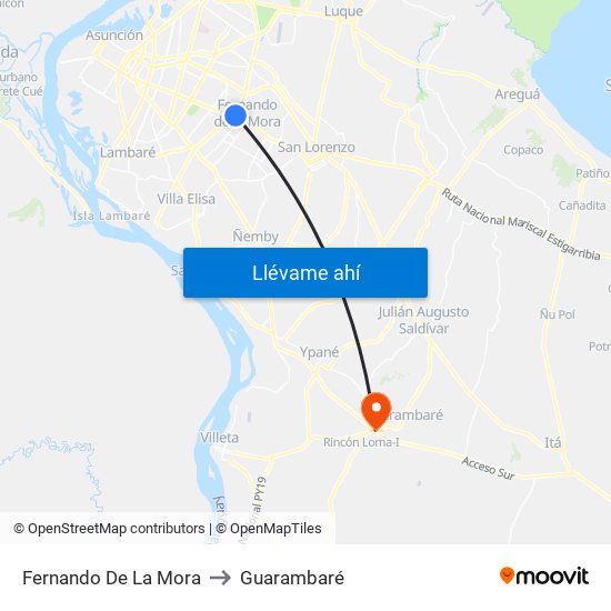 Fernando De La Mora to Guarambaré map