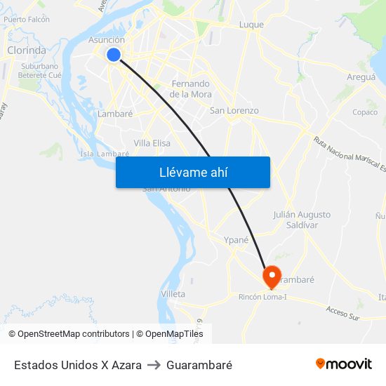 Estados Unidos X Azara to Guarambaré map