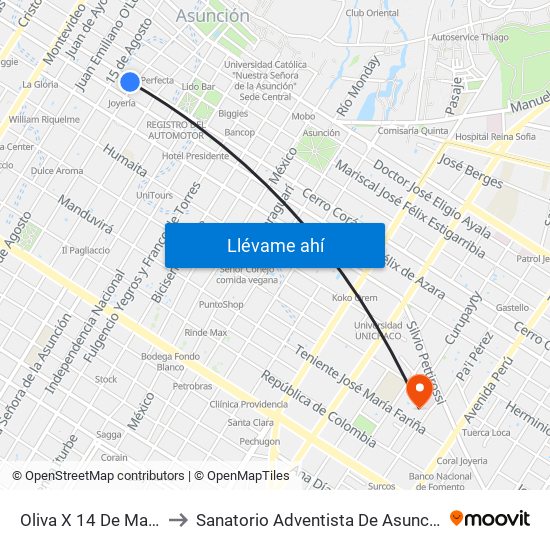 Oliva X 14 De Mayo to Sanatorio Adventista De Asunción map