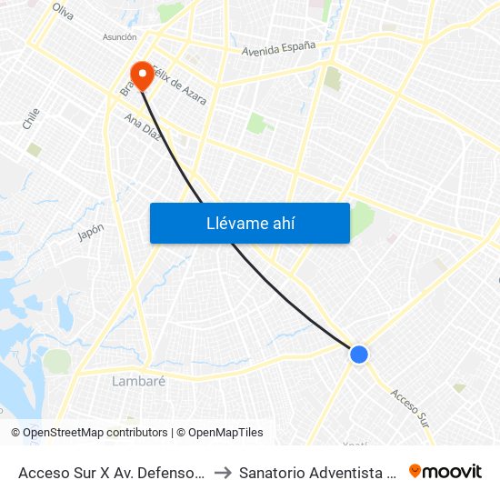 Acceso Sur X Av. Defensores Del Chaco to Sanatorio Adventista De Asunción map